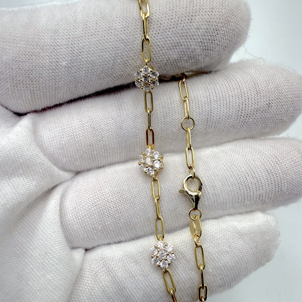 7” Gold Plated over .925 Sterling Silver Cz Flower Bracelet - Picture 14 of 16